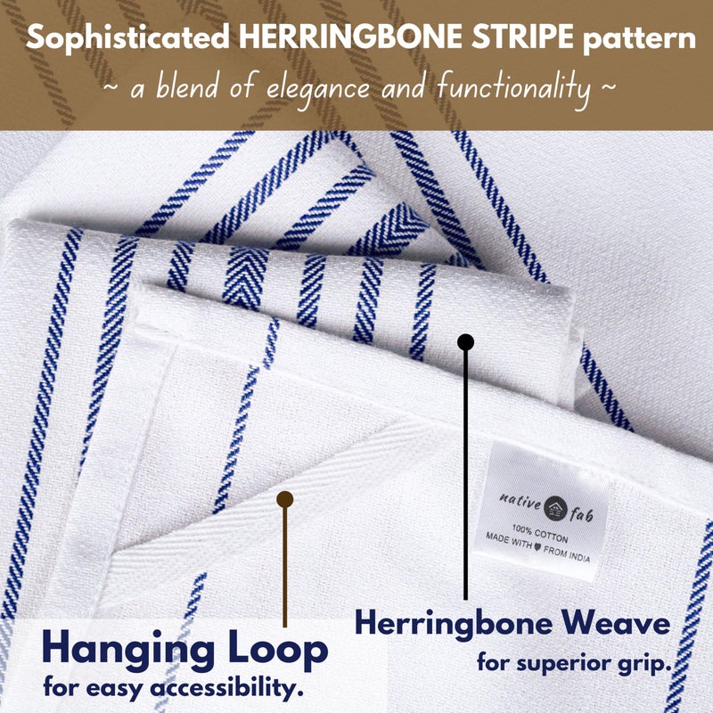 Native Fab Blue Kitchen Dish Towels 16"x26" Set of 12 Herringbone Weave - Scandia Stripe 100% Cotton Tea Towels, Dishcloths, Absorbent Reusable Hand Towels with Hanging Loop - Blue White - Image 4